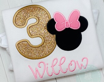 Girls Personalized Glitter Minnie Mouse Burthday Applique Ruffle Shirt