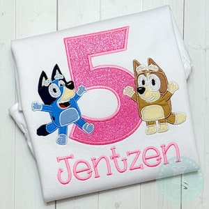 Blue Dog Show Character Birthday Applique Embroidered Shirt