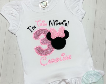 Girls Personalized Glitter Minnie Mouse Birthday Applique Ruffle Shirt