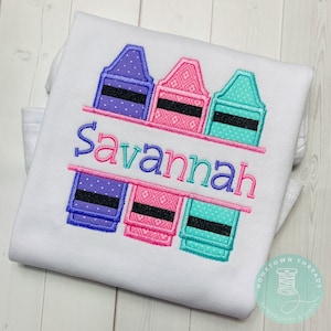 Crayon Trio Appliqué Ruffle Shirt _ Girls Personalized Applique School Shirt_ First Day Of School_ Back To School Shirt