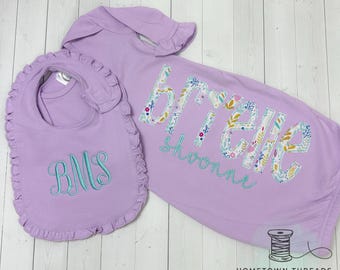 Personalized Applique Mint Baby Ruffle Gown_Mint Monogram Ruffle Bib_Embroidered Applique Baby Gown_Coming Home Outfit