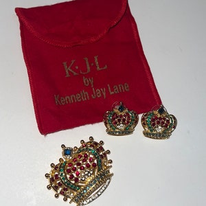 HTF Vintage 3pc Kenneth Jay Lane KJL Crystal Crown Brooch and Pierced Earring Set