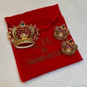 HTF Vintage 3pc Kenneth Jay Lane KJL Crystal Crown Brooch and Pierced Earring Set
