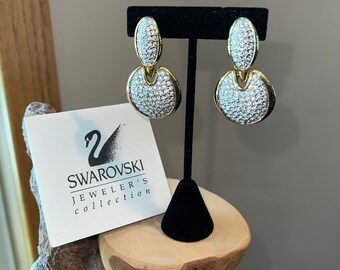 Large Swarovski Signed Jeweler's Collection Pave Crystals/Gold Clip Earrings