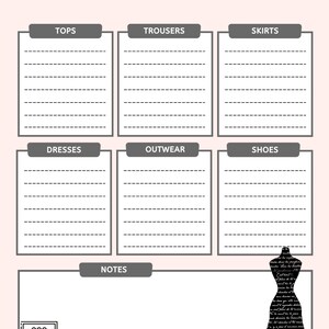 May include: A wardrobe planner with sections for tops, trousers, skirts, dresses, outerwear, and shoes. Includes a notes section, a high-heeled shoe, a handbag, and a dress form silhouette.