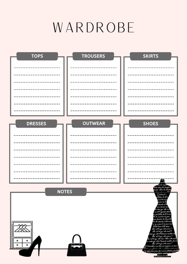 May include: A wardrobe planner with sections for tops, trousers, skirts, dresses, outerwear, and shoes. Includes a notes section, a high-heeled shoe, a handbag, and a dress form silhouette.