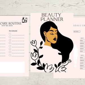 May include: A pink beauty planner and skincare routine printable. The planner features a woman's illustration with the text "BEAUTY PLANNER". The skincare routine includes AM and PM skincare checklists. A goals chart is also included.