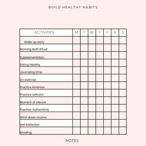 May include: A pink habit tracker with the words "habit TRACKER" in a handwritten font. The tracker includes a table to track activities like "Wake up early" and "Eating Healthy".