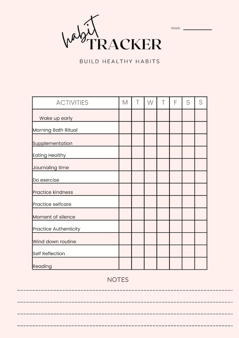 May include: A pink habit tracker with the words "habit TRACKER" in a handwritten font. The tracker includes a table to track activities like "Wake up early" and "Eating Healthy".