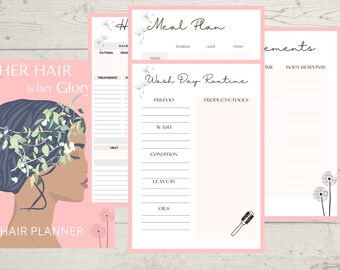May include: A pink and white hair planner with the text "HER HAIR is her Glory HAIR PLANNER". The planner includes sections for hair treatments, a meal plan, and a wash day routine. A graphic of a woman with floral accents is on the cover.