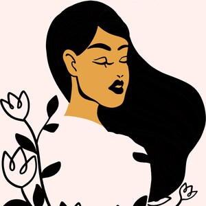 May include: Illustration of a woman with closed eyes, black hair, and dark lips. The words "BEAUTY PLANNER" are at the top. The woman is surrounded by black floral line art on a light pink background.