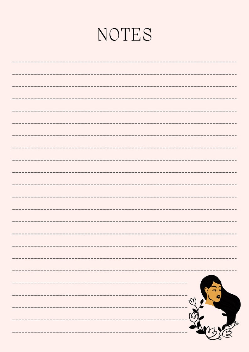 May include: A light pink notepad with the word "NOTES" at the top. The notepad has dashed lines for writing and a decorative illustration of a woman with long black hair and flowers at the bottom right.