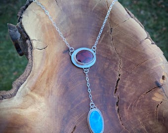 Genuine Handmade Sterling Silver Bloody Bison Jasper & Larimar Statement Lariat Drop Necklace
