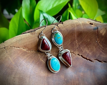 Genuine Handmade Sterling Silver Pilot Mountain Turquoise & Bloody Bison Jasper Abstract Drop Earrings