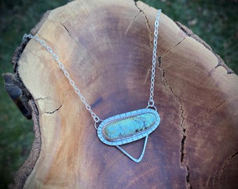 Genuine Handmade Sterling Silver Turquoise Bar Statement Pendant Necklace