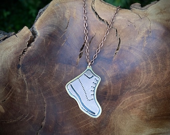 Handsawn Mixed Metal Hiking Boot Pendant Necklace