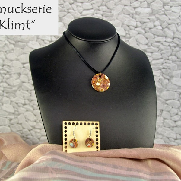 Parure de bijoux en pâte polymère Fimo chaîne & boucles d'oreilles "Klimt"