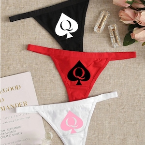 New Women&#39;s 3 Piece Set Assorted Color Naughty Graphic Queen Of Spades Thong Panties 4 Sizes 3 Colors