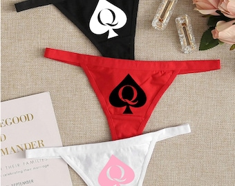 New Women's 3 Piece Set Assorted Color Naughty Graphic Queen Of Spades Thong Panties 4 Sizes 3 Colors