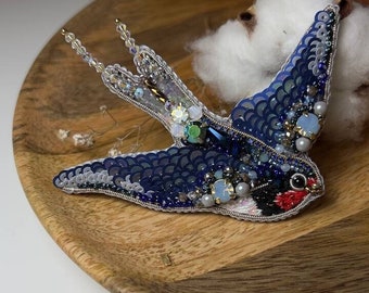 Brooch swallow, hand embroidery, bird, handmade bird, brooch with crystals