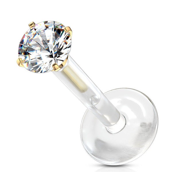 Piercing labret bioflex pour oreille, Hélix, cartilage, bouche, lèvre plaqué or strass blanc