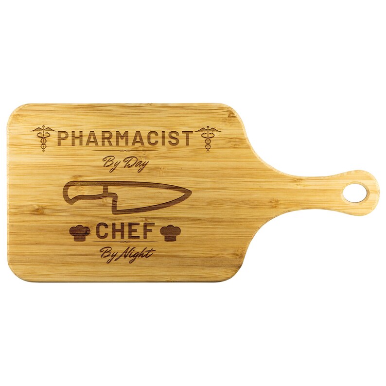 Pharmacist By Day Chef By Night Cutting Board | Kitchen Present For Pharmacy Professional | Engraved Double Sided Board With Handle