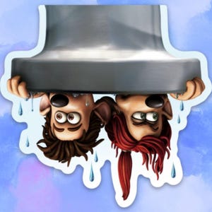 May include: Two cartoon characters, one with brown hair and one with red hair, are hanging upside down from a metal pipe. Water is dripping from the pipe.