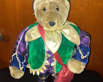 Vintage Handmade 22" Plush Jester Teddy Bear Doll W/ Display Stand Mardi Gras Home Decor
