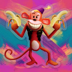 May include: A cartoon monkey wearing a red vest and a purple hat holds two yellow bananas in its hands. The monkey is standing on a colorful background with brushstrokes.
