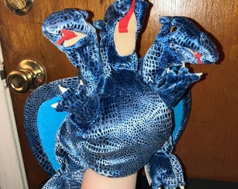 Peluche marionnette à main dragon à trois têtes 30 cm Folkmanis Puppets bleu jeu de simulation fantaisie