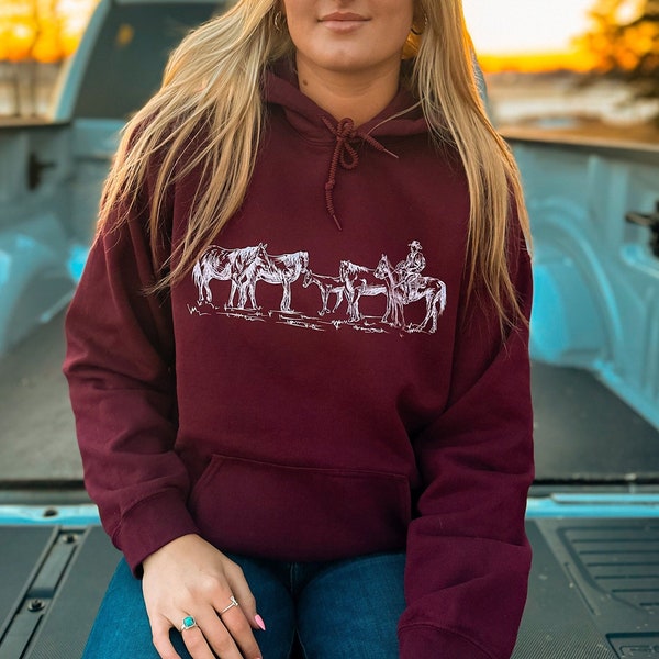Retro Horses Hoodie | Western Graphic Sweatshirt | Oversized Sweater | Unisex Hoodie | Cute Western Sweater | Western Apparel | Cowboy