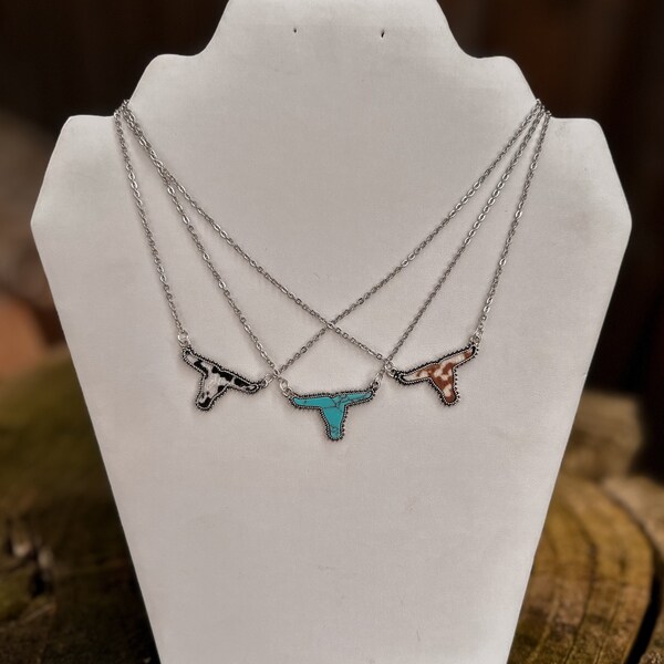 Longhorn Steer Necklace | Cowhide Necklace | Western Necklace | Turquoise Jewelry | Western | Turquoise | Longhorn | Cowhide