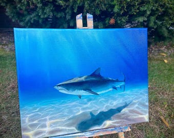 サメの油絵 - 海の野生動物のウォールアート、海洋生物のキャンバス