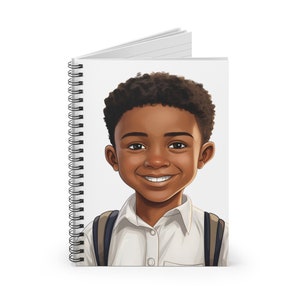 May include: A cartoon illustration of a young Black boy wearing a white collared shirt and a brown backpack. He has short, curly black hair and is smiling.