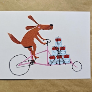 Carte postale Chien sur vélo cargo / Carte de vœux vélo / A6 / 300 g