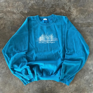 Vintage 90s Curtis Michigan Spellout Biglogo Printed Sweatshirt Crewneck Pullover Baggie Sweater Vintage Michigan Colour Blue Size NA