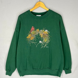 Vintage Endless Design Tag Birds Big Logo Sudadera estampada Jersey Crewneck Suéter Baggie Color Verde Tamaño X-Large