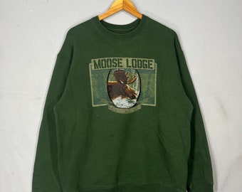 Vintage Croft and BarrowTag Moose Lodge Big Logo Embroidered Sweatshirt Crewneck Pullover Baggie Sweater Moose Colour Green Size Medium