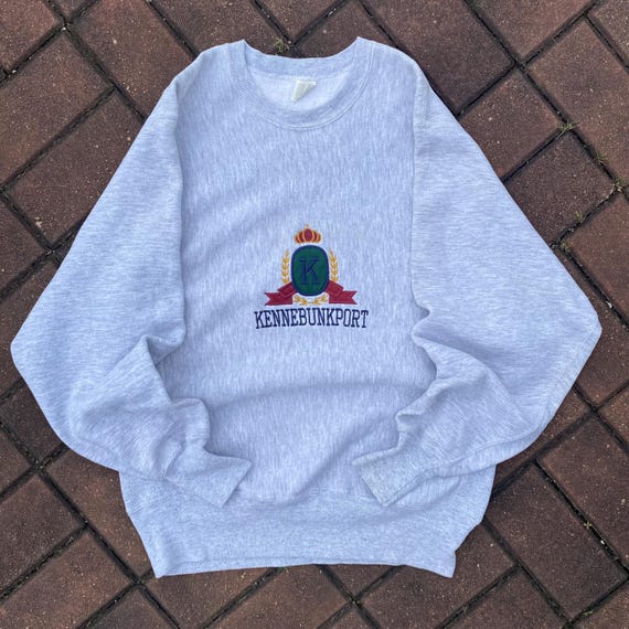 Vintage 90s Kennebunkport Spellout Big Logo Embroidered Kennebunkport Maine Sweatshirt Crewneck Reverse Weave Colour Light Grey Size Medium
