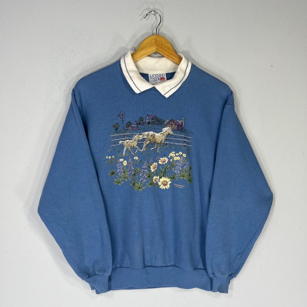 Vintage  Morning Sun Tag Farm Horses Flower Big Logo Printed Sweatshirt Crewneck Pullover Sweater Morning Sun Jumper Colour Blue Size Medium