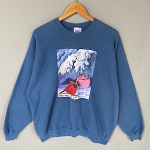 Vintage Hanes Tag Bird Big Logo Reflejo impreso Spellput Sudadera Crewneck Jumper Baggie Suéter Statkowski Color Azul Talla X-grande