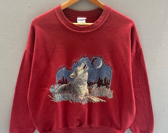 Vintage Y2K Jerzees Tag Wolf Big Logo Printed  Sweatshirt Crewneck Pullover Sweater Wolf Big Logo Size X-large Colour Red