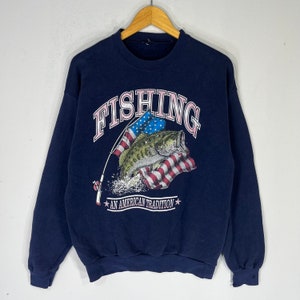 Pesca vintage An American Tradition Spellout Felpa con logo grande stampata Felpa girocollo Pullover Maglione Pescatore Colore Blu navy Taglia NA