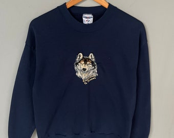 Vintage Jerzees Tag Wolf Extinction Is Forever Bug Logo Embroidered Sweatshirt Crewneck Pullover Sweater Vintage Size NA Colour NavyBlue