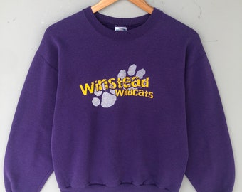 Vintage Y2K Jerzees Tag Winstead Wildcats Grote Bedrukte Logo Sweatshirt Crewneck Pullover Trui Baseball Maat Kleine Kleur Grijs
