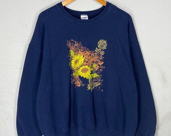 Vintage Y2K Jerzees  Tag Floral Design Big Logo Printed Sweatshirt Crewneck Baggie Sweater Floral Design Colour NavyBlue Size 2X-large