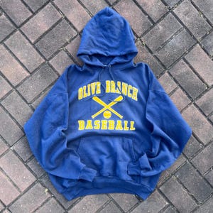 Vintage Y2K Hanes Tag Olive Branch Baseball Spellout Big Logo Printed Sweatshirt Hooded Pullover Crewneck Sweater Colour NavyBlue Size X-L