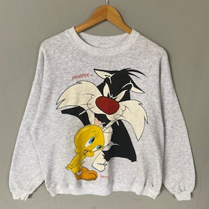 Vintage 90s Tweety Bird Cartoon Big Logo Sudadera impresa Crewneck Warner Bros Looney Tunes Color Gris Tamaño NA