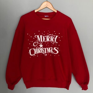 Vintage anni '00 Jerzees Tag Merry Christmas Big Print Logo Felpa Girocollo Colore Rosso Taglia Grande
