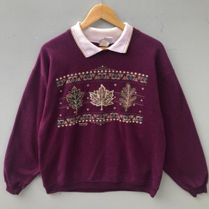 Vintage 00s Morning Sun Tag Leaf Embroided Logo Sweatshirt Collarneck Pullover Sweater  Colour Purple Size Medium